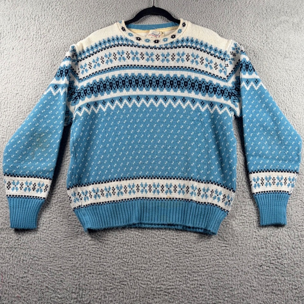 Vtg Jersild Fair Isle Mens L Sweater Blue White Nordic Knit Grandpa Core Cabin